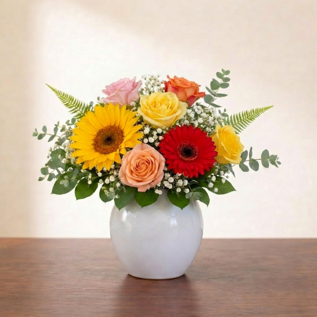 Cheerful sunflower and rose vase arrangement featuring yellow sunflowers, peach roses and red gerbera daisies in a white ceramic vase. Encinitas florist.