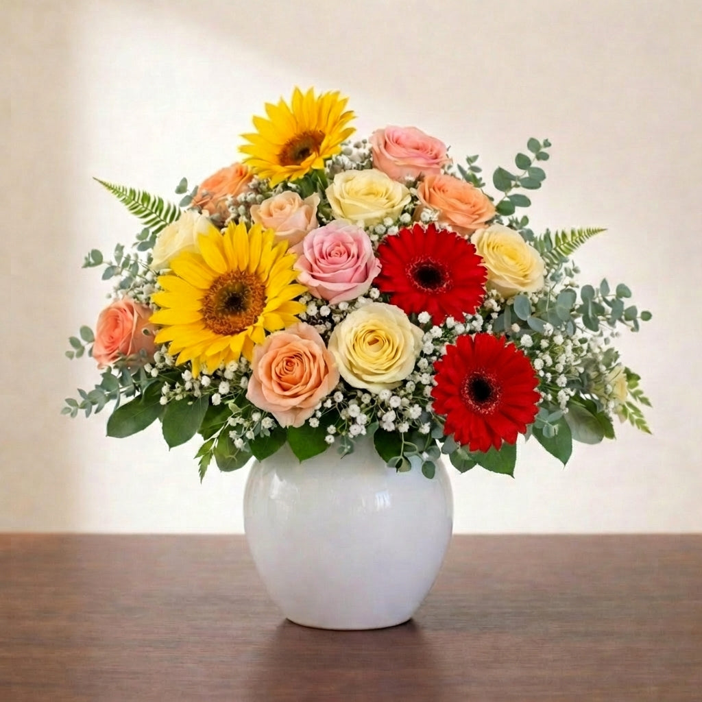 Lush premium sunflower and rose vase arrangement with abundant yellow sunflowers, peach roses, red gerberas and eucalyptus greenery. Encinitas florist.