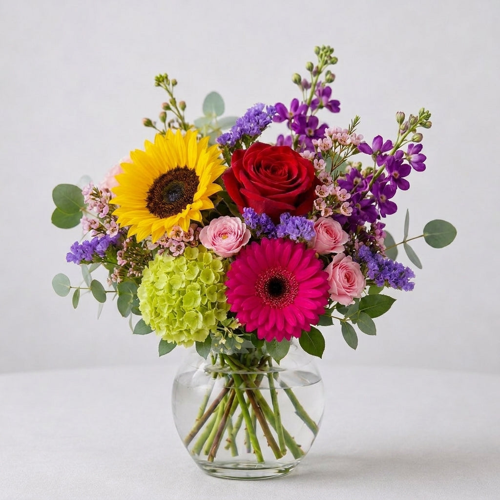 Regular size sunflower and rose vase bouquet featuring additional pink gerbera daisies, lush greenery, and balanced color in a clear glass vase — same-day flower delivery Oceanside.