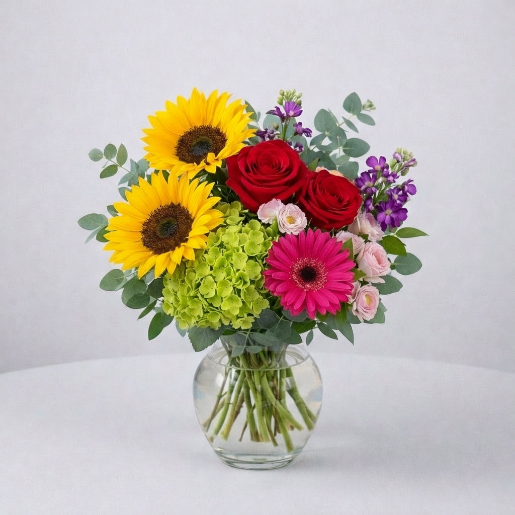 Full size sunflower and rose vase bouquet featuring additional pink gerbera daisies, lush greenery, and balanced color in a clear glass vase — same-day flower delivery Oceanside.