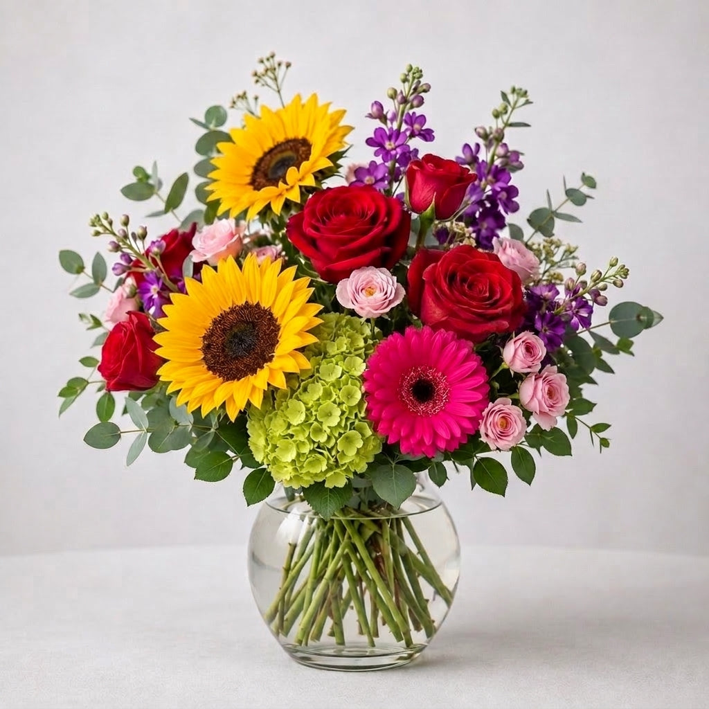 Full size sunflower and rose vase bouquet featuring additional pink gerbera daisies, lush greenery, and balanced color in a clear glass vase — same-day flower delivery Oceanside.