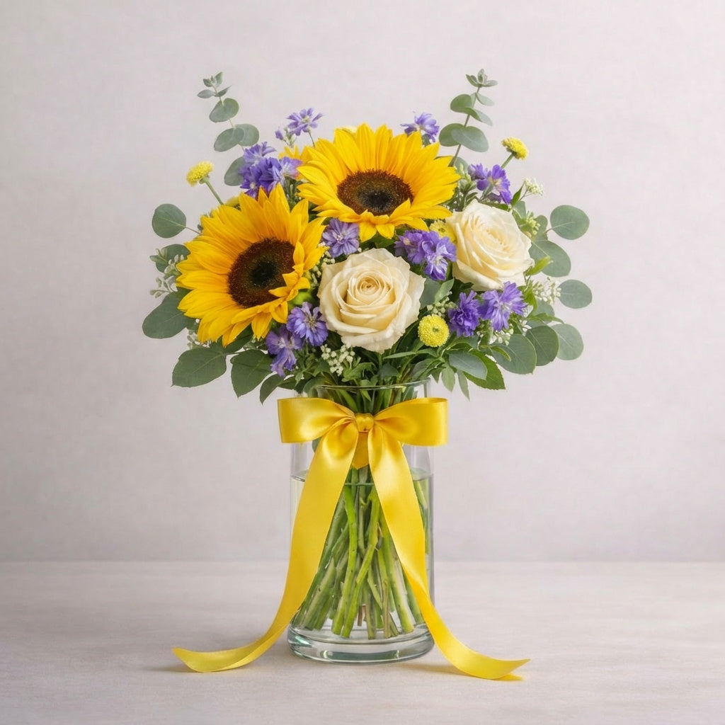 Regular size Sunny Garden Bouquet with sunflowers, white roses and purple accent blooms in a clear glass vase with yellow ribbon, Encinitas flower delivery