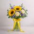 Regular size Sunny Garden Bouquet with sunflowers, white roses and purple accent blooms in a clear glass vase with yellow ribbon, Encinitas flower delivery