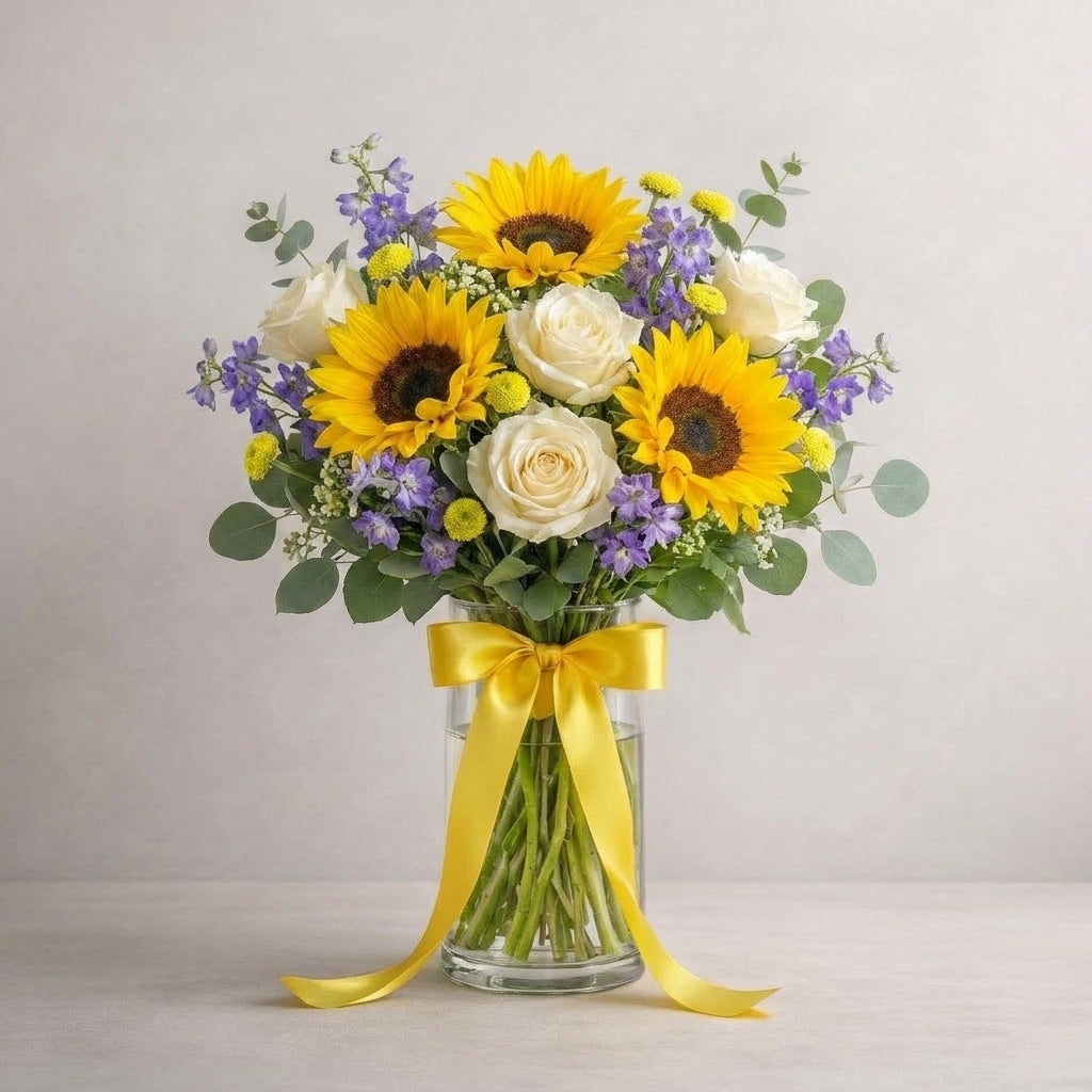 Full size Sunny Garden Bouquet with sunflowers, white roses and purple accent blooms in a clear glass vase with yellow ribbon, Encinitas flower delivery