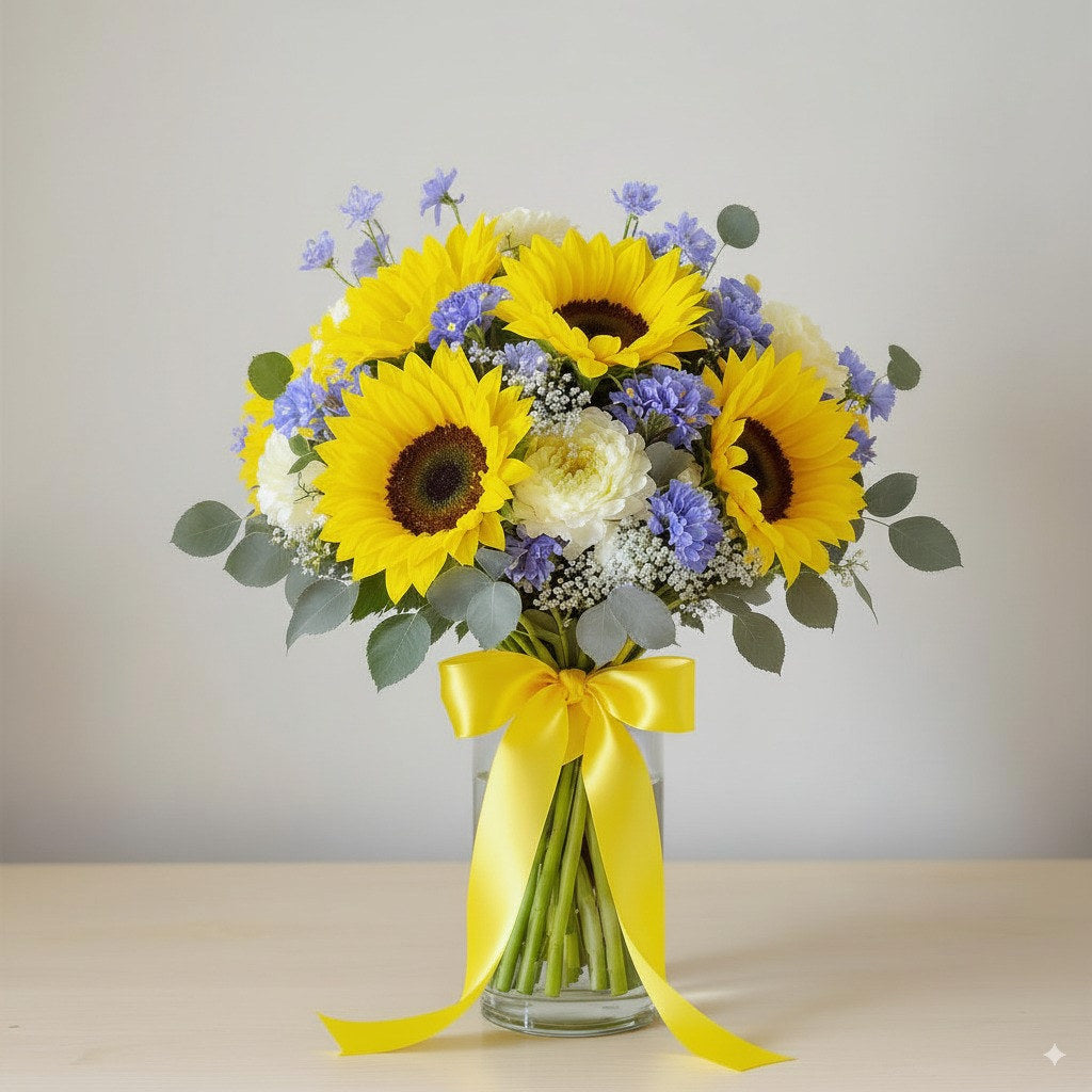 Premium size vibrant sunflower and blue aster bouquet with abundant sunflowers, enhanced blue accent blooms, yellow fillers, and lush greenery arranged in a ribbon-tied clear glass vase on a wooden surface — Local florist in North San Diego County.