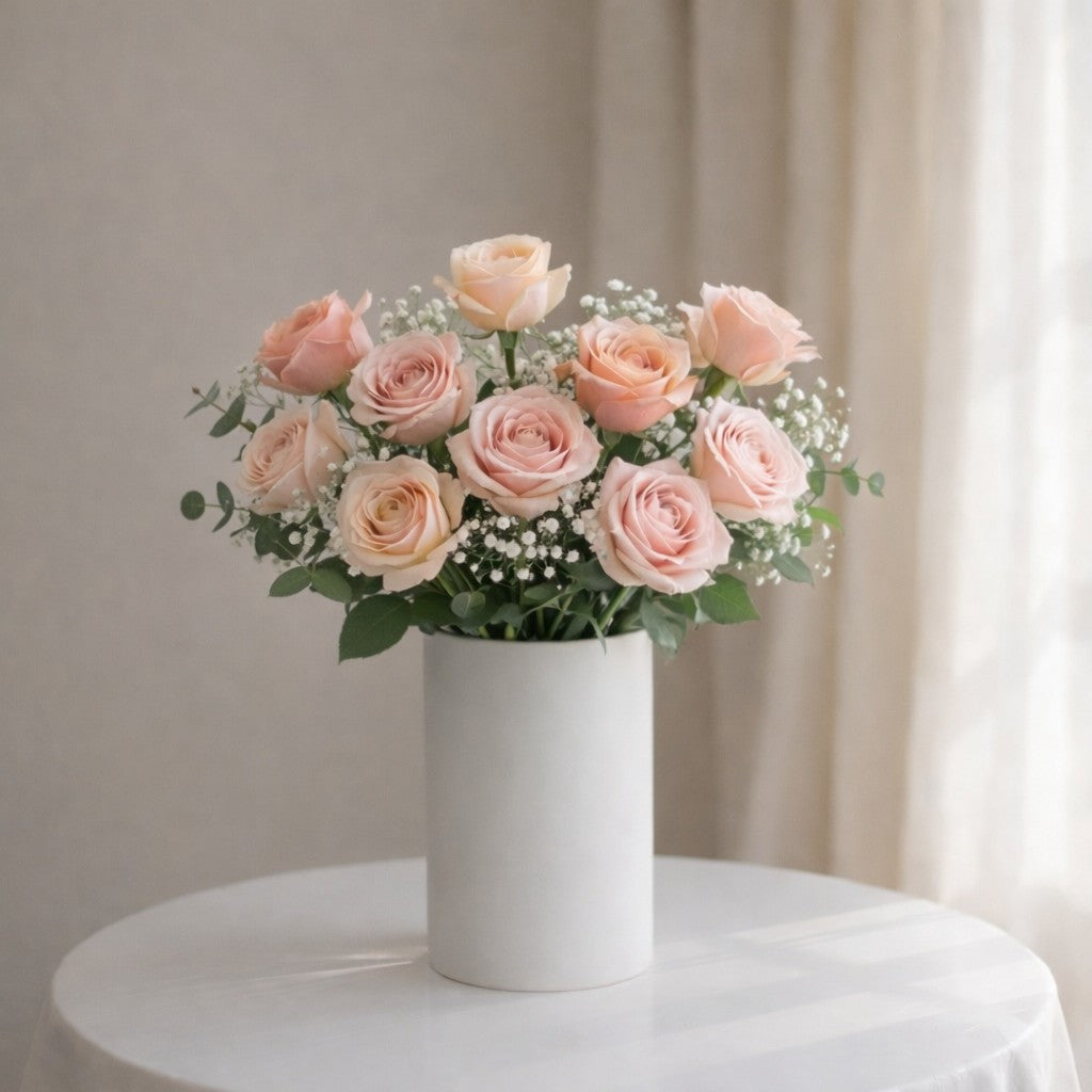 Soft blush pink rose arrangement with baby’s breath and eucalyptus in a white ceramic vase. Handcrafted locally with flower delivery to Oceanside.
