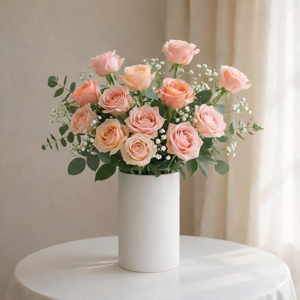 Fuller blush pink rose bouquet with baby’s breath and eucalyptus greenery arranged in a modern white ceramic vase. Local flower delivery available in Oceanside.