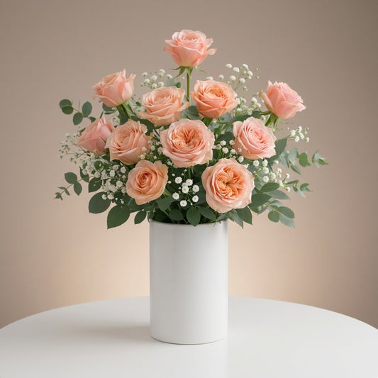 Full size blush pink rose bouquet with baby’s breath and eucalyptus greenery arranged in a modern white ceramic vase. Local flower delivery available in Oceanside.