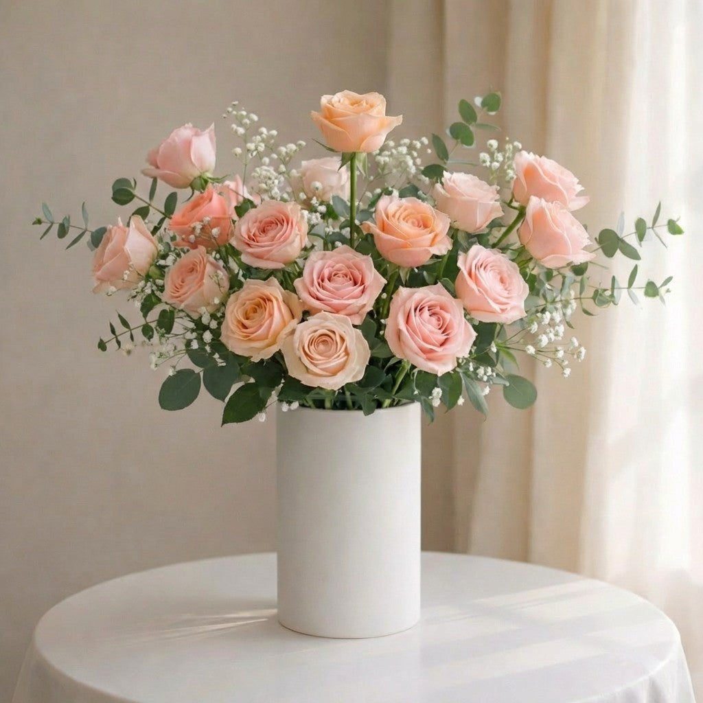 Lush blush pink rose arrangement with airy baby’s breath and eucalyptus in a white ceramic vase. Same-day flower delivery in Oceanside.