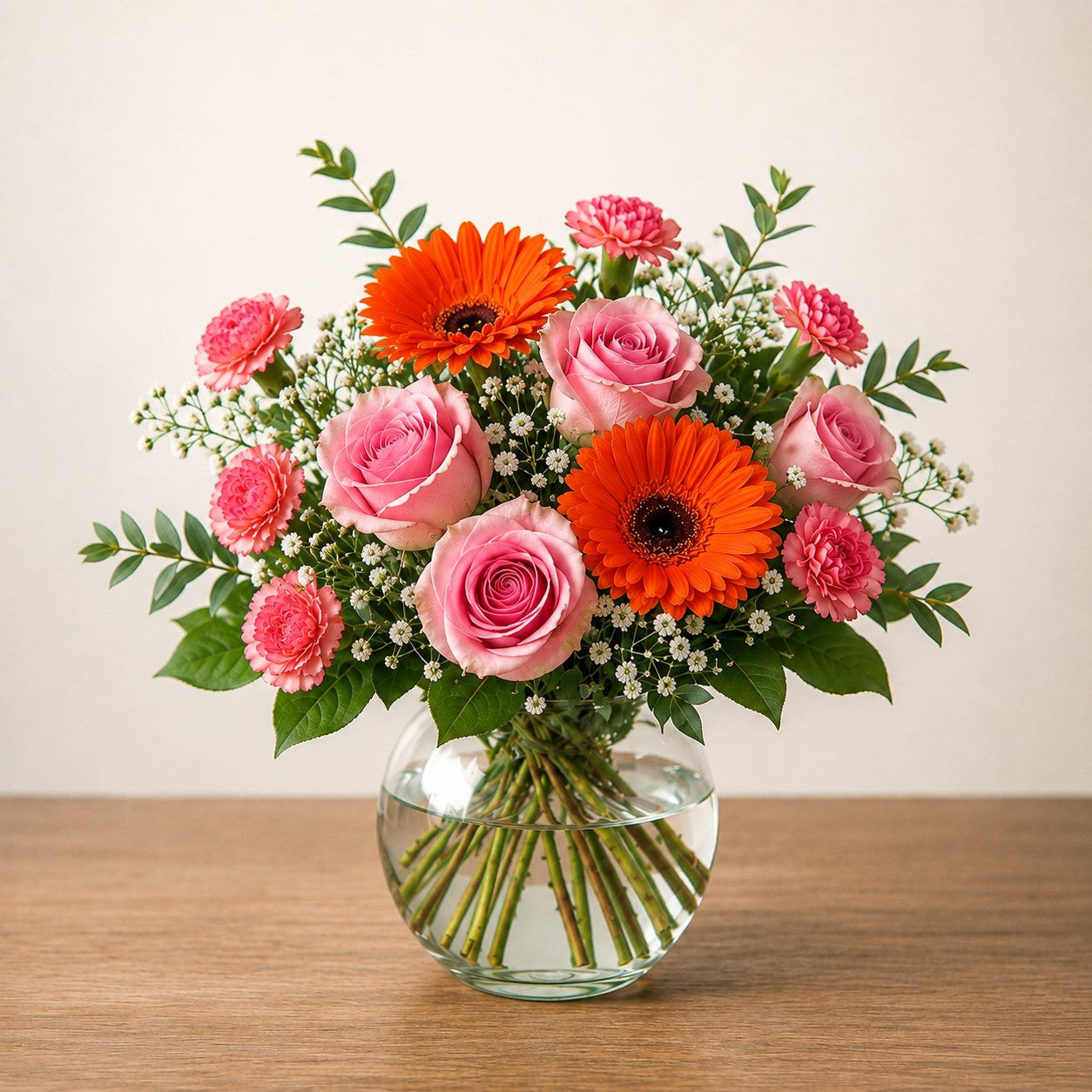 Regular bouquet of pink roses and bright orange gerbera daisies in a clear round glass vase — same-day flower delivery Carlsbad.