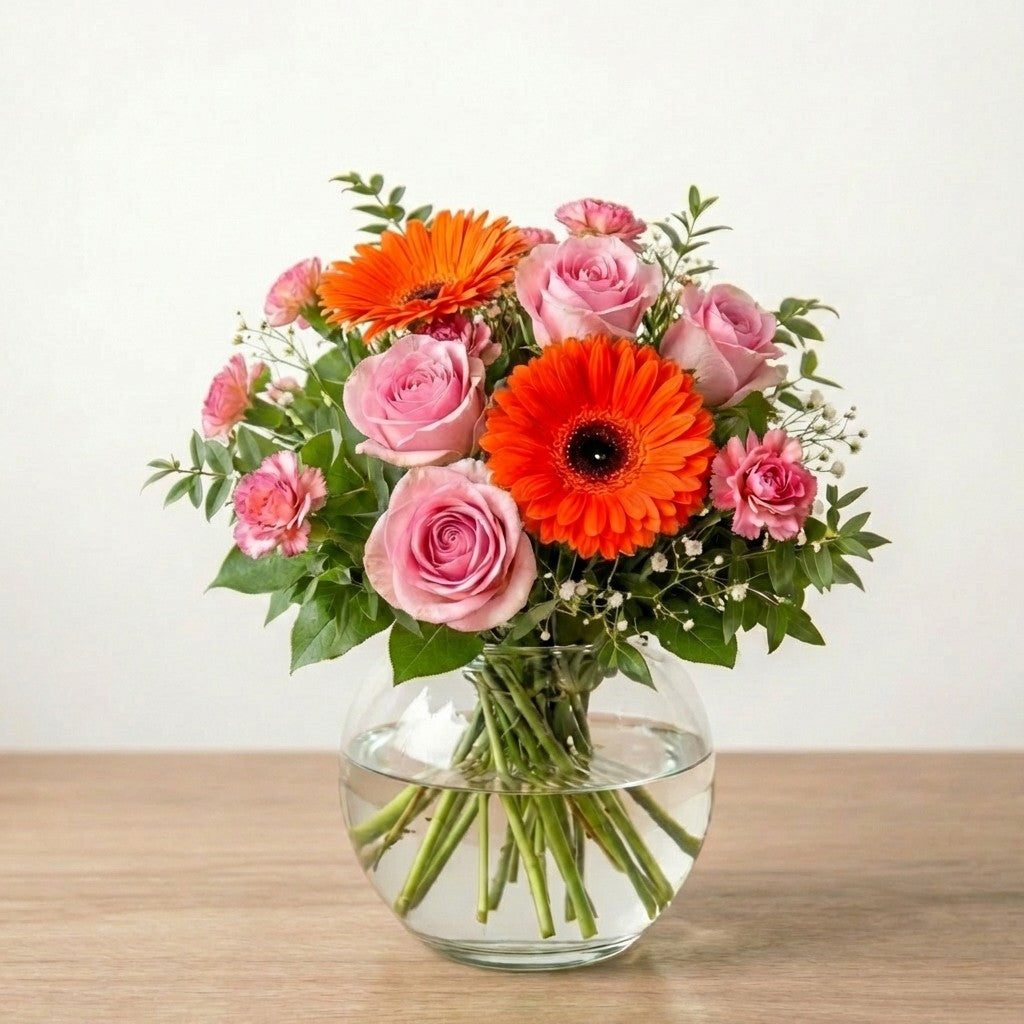 Pink roses and orange gerbera daisies arranged in a clear round glass vase — same-day flower delivery Carlsbad.