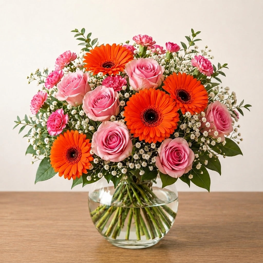 Extra Full bouquet of pink roses and bright orange gerbera daisies in a clear round glass vase — same-day flower delivery Carlsbad.