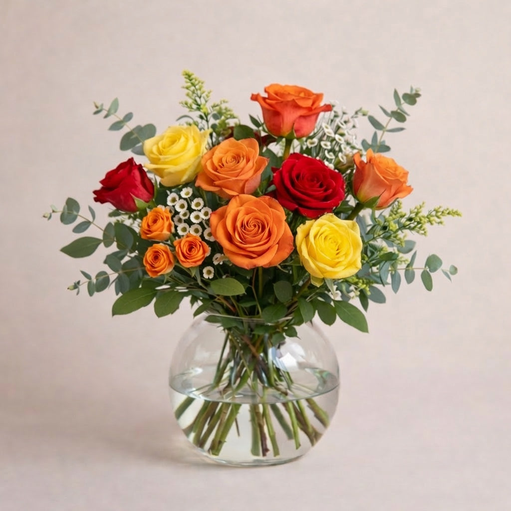 Sunset Pop Yellow Orange &amp; Red Rose Vase Arrangement featuring vibrant roses in a clear glass vase.