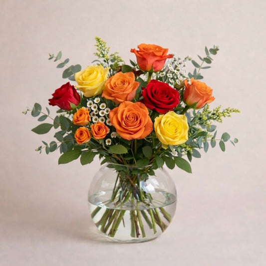 Yellow, orange and red rose vase arrangement (Regular size), flower delivery in Oceanside