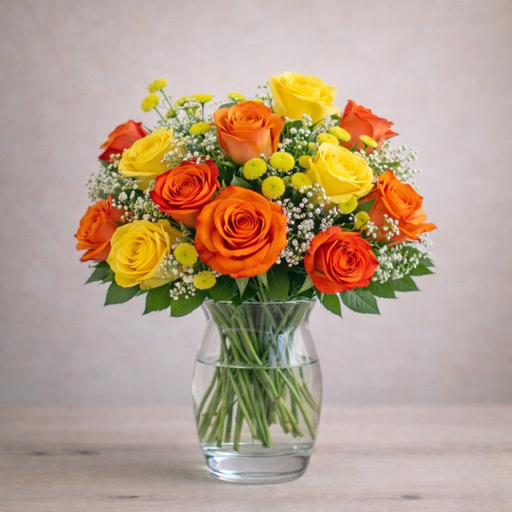 Fuller Sunset Pop bouquet with yellow, orange & red roses, button mums and baby’s breath in a clear vase — Same-day flowers Escondido.