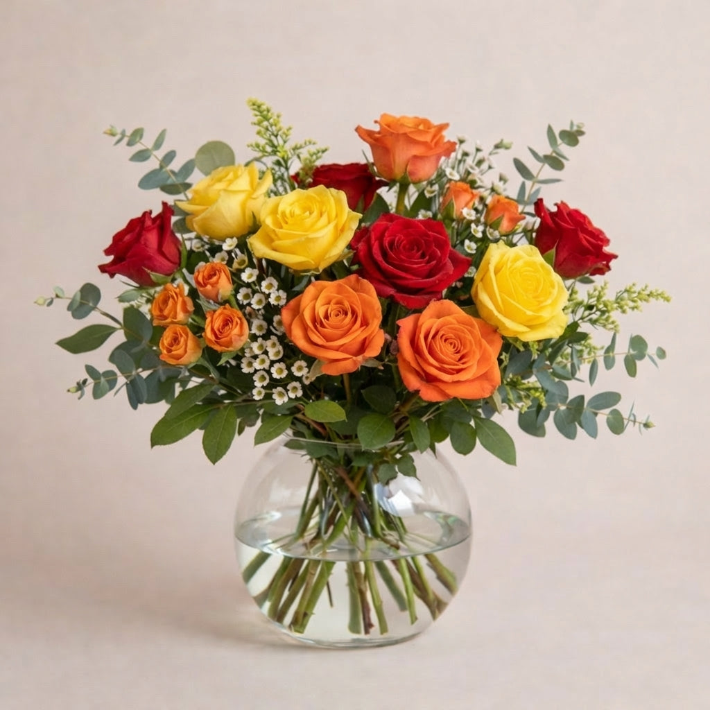 Sunset Pop Yellow Orange &amp; Red Rose Vase Arrangement featuring vibrant roses in a clear glass vase with greenery.