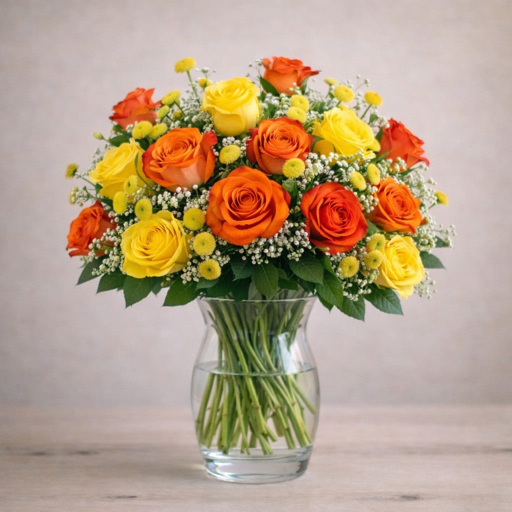 Large Sunset Pop floral arrangement with vibrant yellow, orange & red roses and button mums in a glass vase — Same-day flowers Escondido.