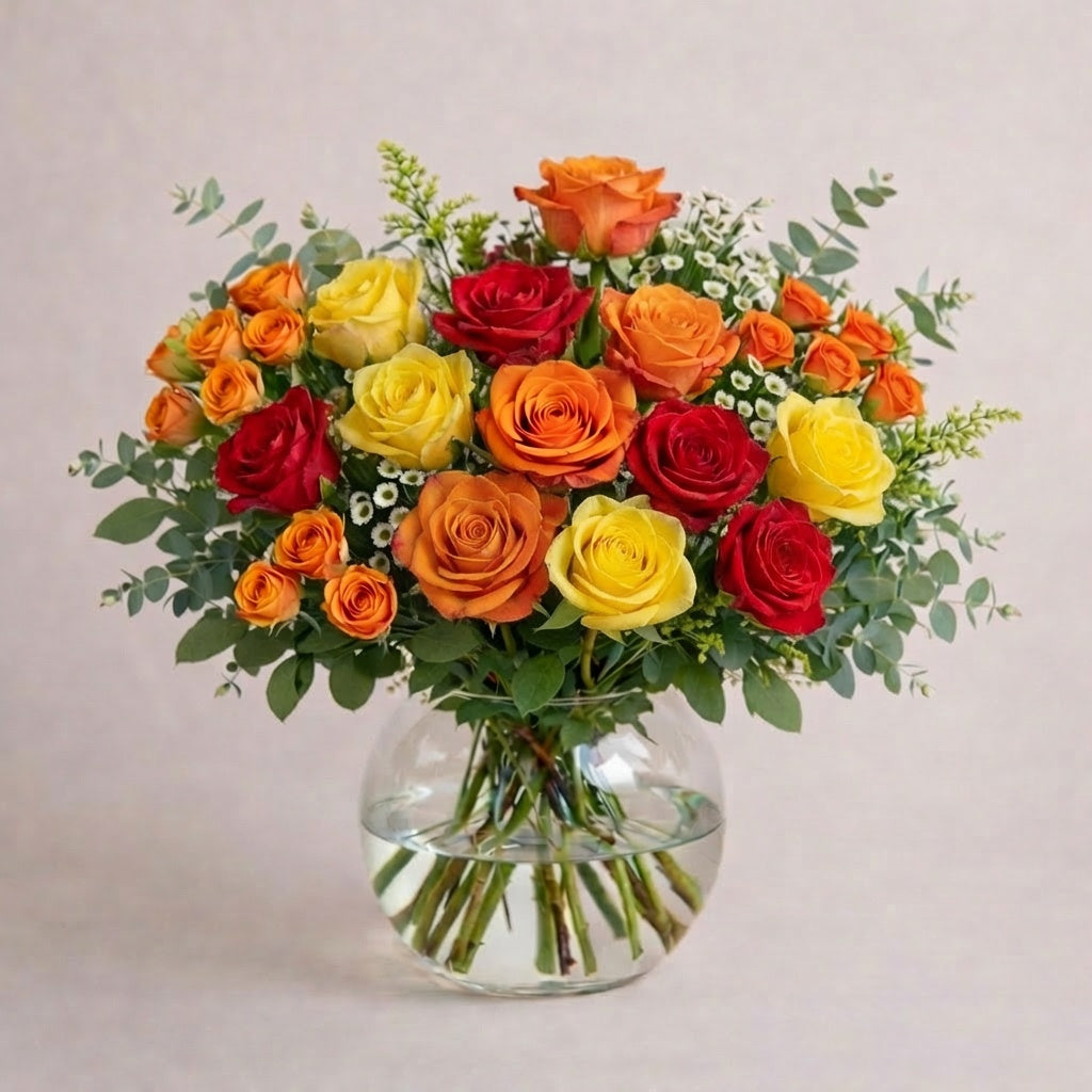Sunset Pop Yellow Orange &amp; Red Rose Vase Arrangement with vibrant roses and greenery in a clear glass vase.