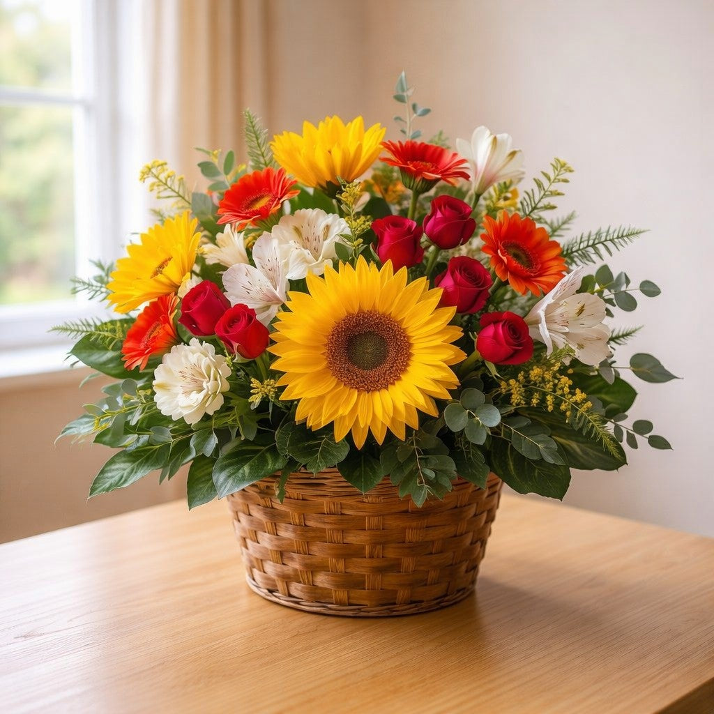 Sunflower and red rose basket arrangement with white accent flowers on a wooden table near a bright window — Escondido same-day flower delivery.