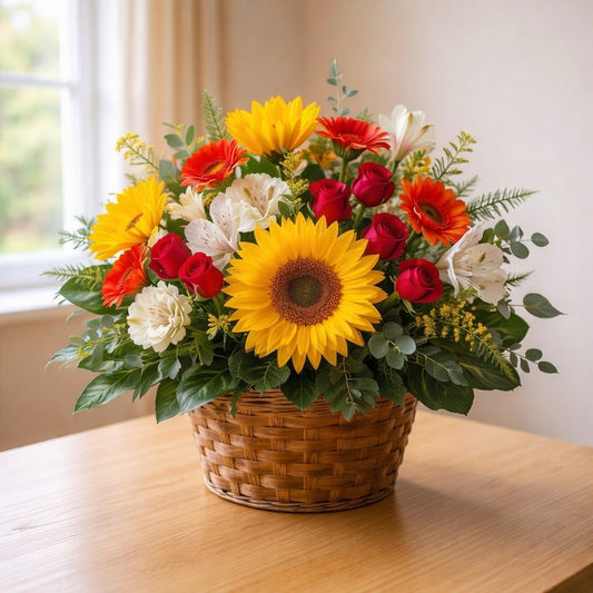 Sunflower and red rose basket arrangement with white accent flowers on a wooden table near a bright window — Escondido same-day flower delivery.