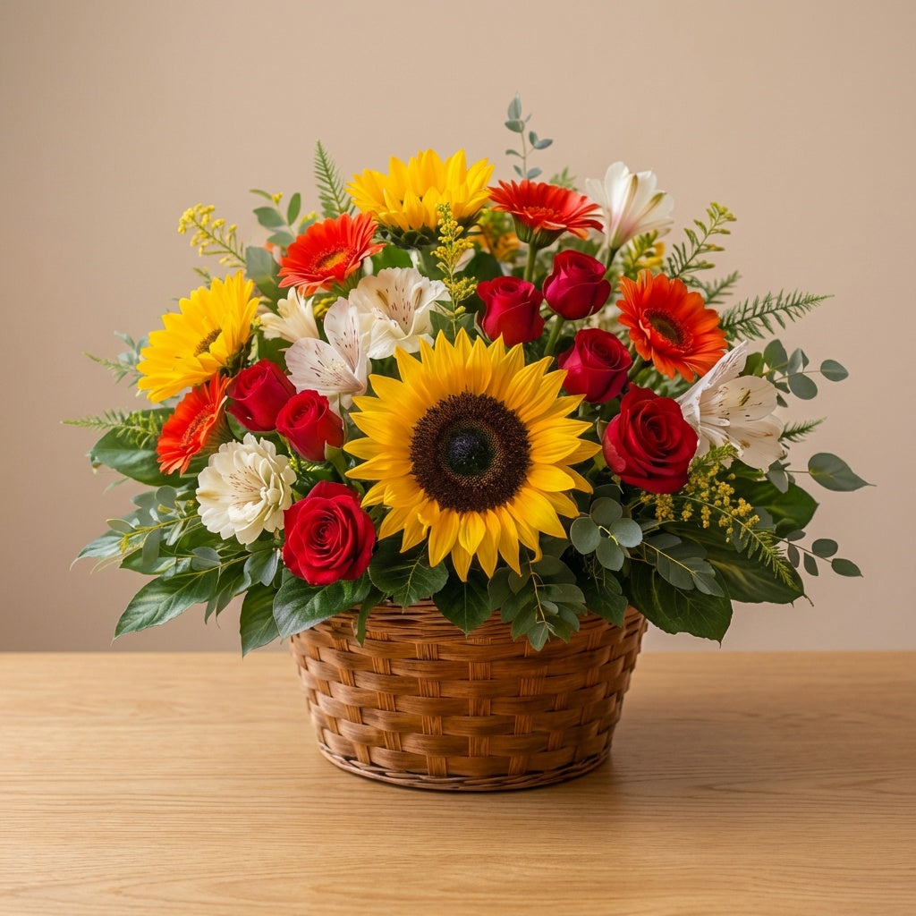 Sunflower and gerbera basket arrangement with bright cheerful blooms
