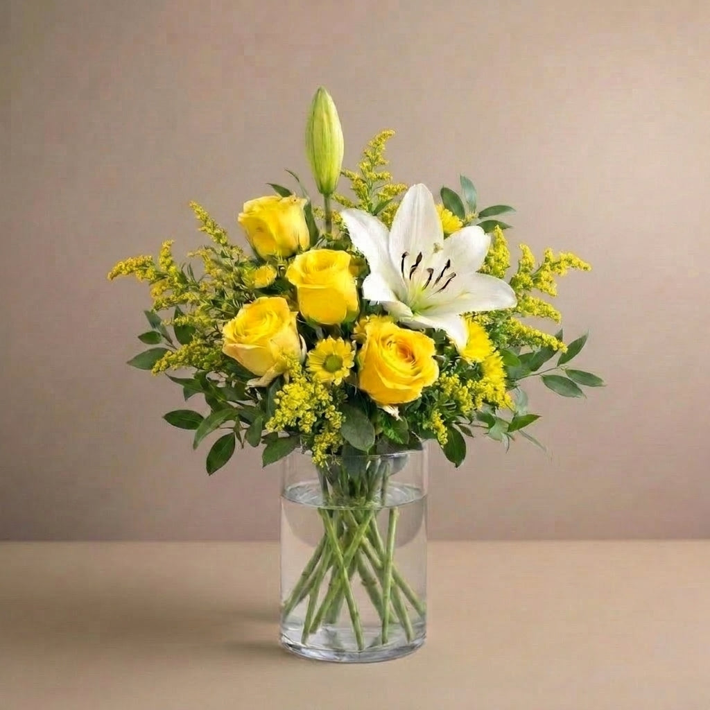 Regular size yellow rose and white lily vase arrangement with yellow daisies – Escondido flower delivery