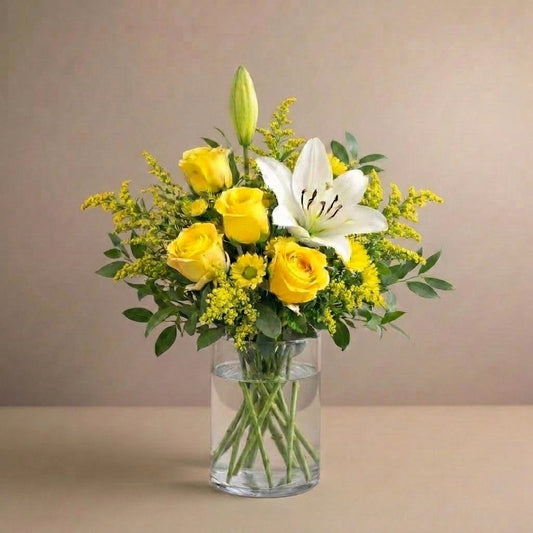 Regular size yellow rose and white lily vase arrangement with yellow daisies – Escondido flower delivery