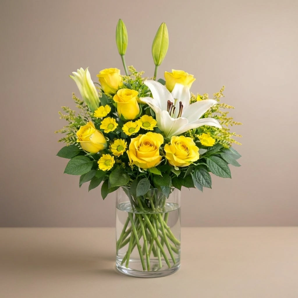 Full size yellow rose and white lily vase arrangement with yellow daisies – Escondido flower delivery