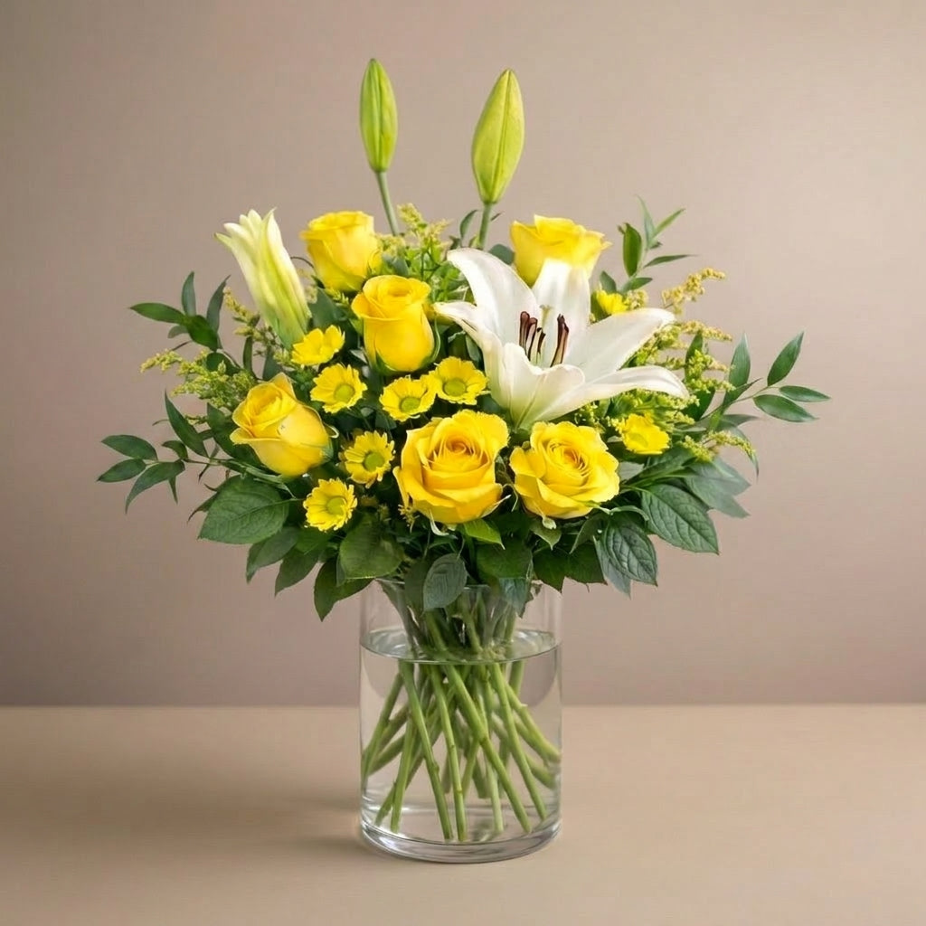 Full size yellow rose and white lily vase arrangement with yellow daisies – Escondido flower delivery