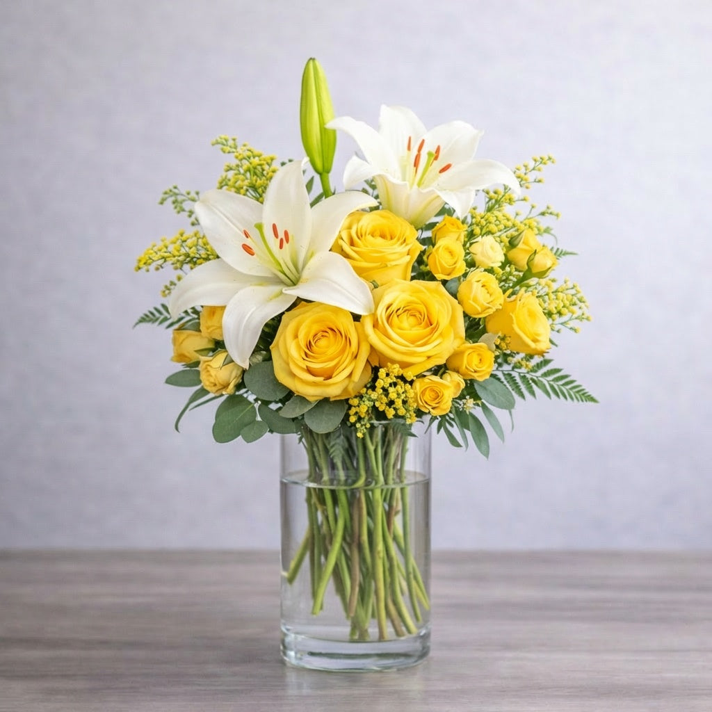 Sunshine Radiance garden-style vase bouquet with yellow lilies, yellow roses, and seasonal fillers, offering local flower delivery in Escondido.