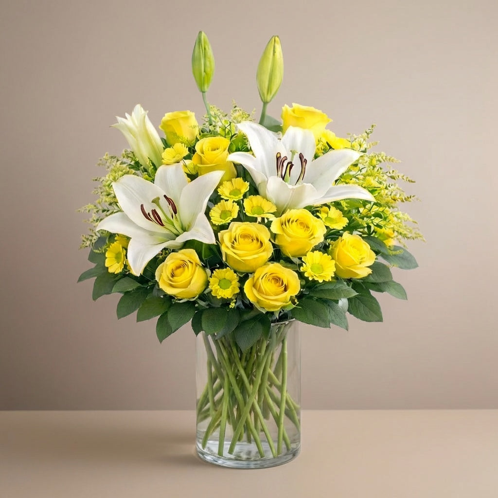 Extra full size yellow rose and white lily vase arrangement with lush greenery – Escondido flower delivery