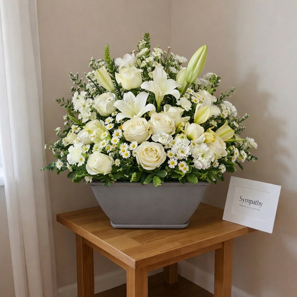 Elegant sympathy basket arrangement with white roses, lilies, and soft yellow blooms in a modern gray container - Vista florist.