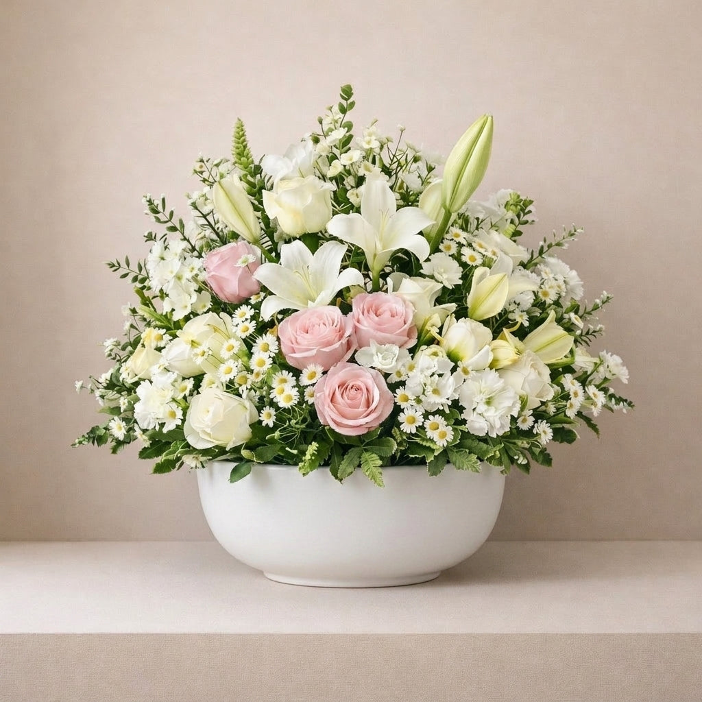White and pink sympathy flower basket floral tribute