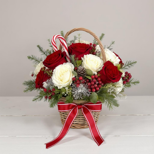 Christmas Joy Basket – Red & White Roses with Pinecones and Candy Canes