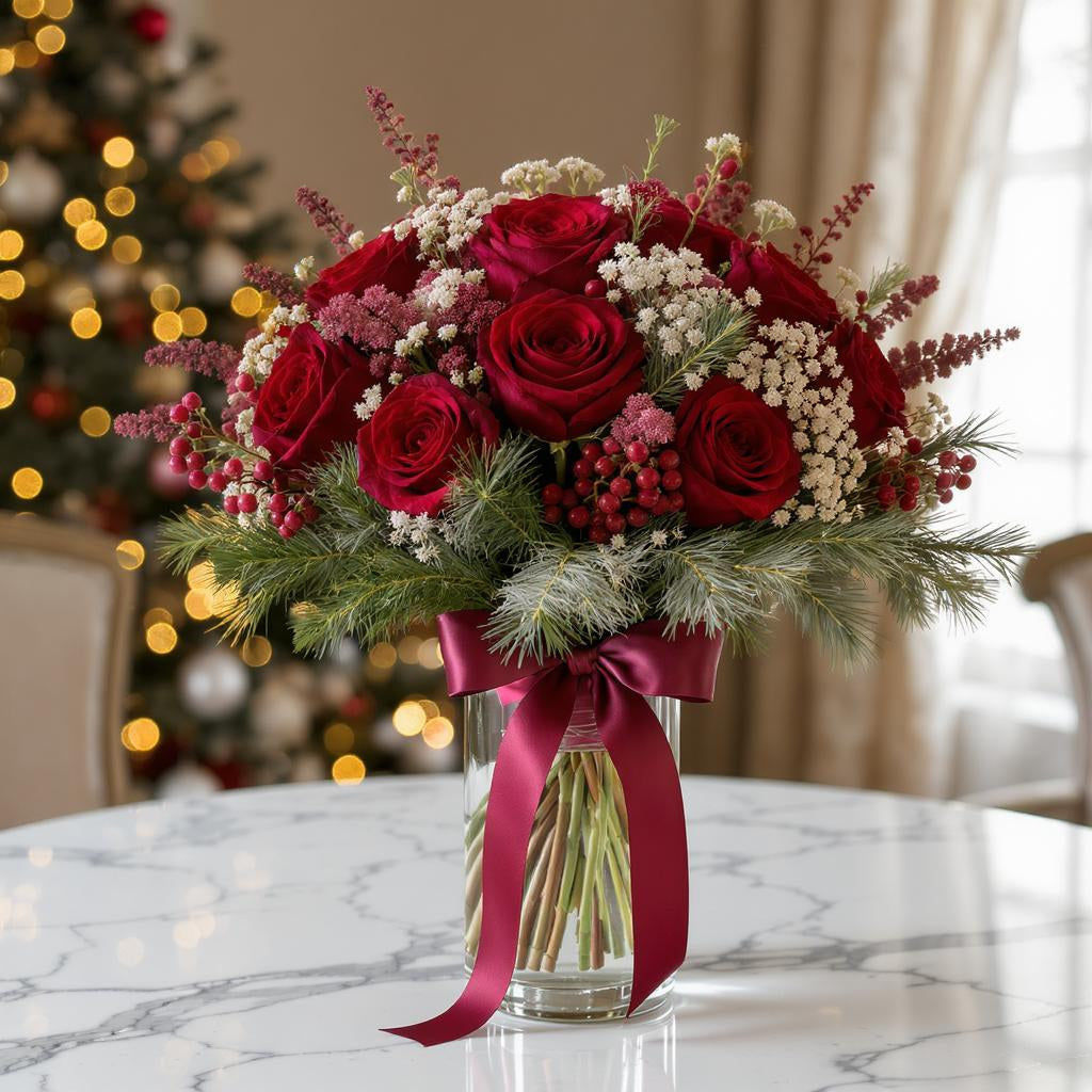 Premium size holiday rose bouquet with abundant red roses, white filler flowers, lush greenery, and a pink ribbon in a clear vase – San Marcos florist.