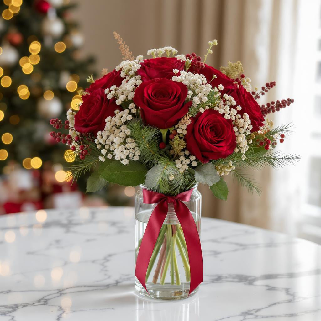 Deluxe size holiday rose bouquet featuring extra red roses, white filler flowers, greenery, and a pink ribbon in a clear vase – San Marcos florist.