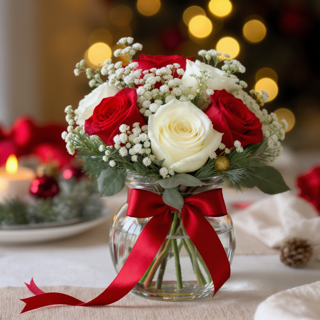 Winter Radiance – Red & White Roses in Glass