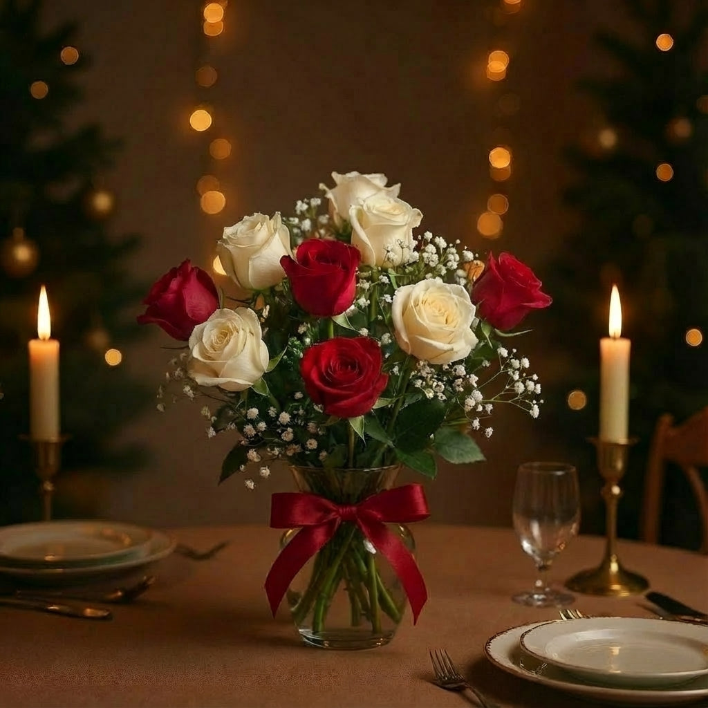 Regular size holiday vase arrangement with red and white roses, winter berries, white filler flowers, and a red ribbon bow in a clear round vase – San Marcos flower delivery.