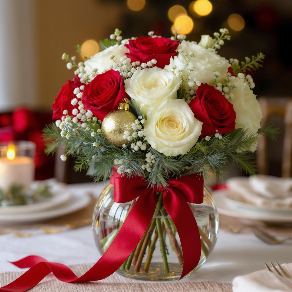 Winter Radiance – Red & White Roses in Glass