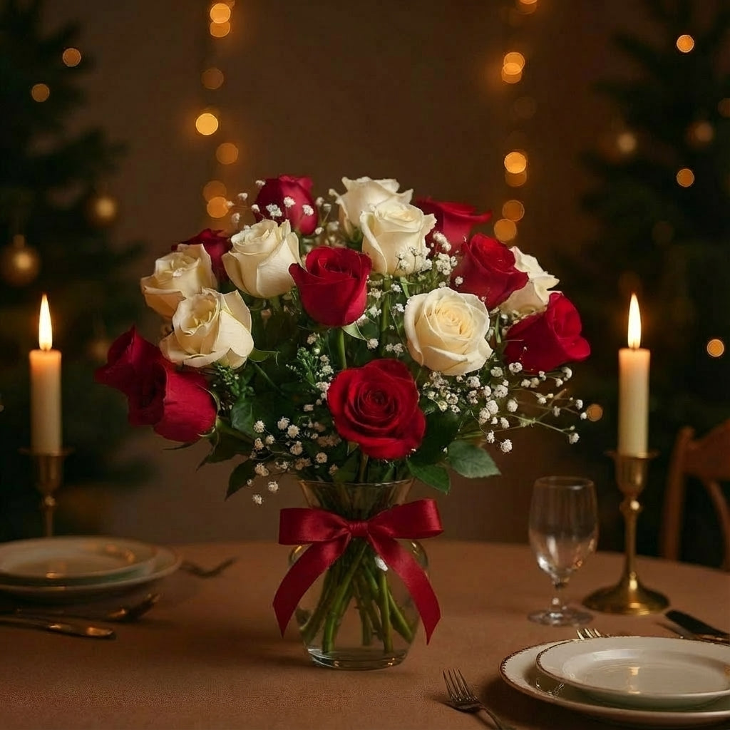 Deluxe size holiday vase arrangement featuring extra red and white roses, winter berries, white filler flowers, and a red ribbon bow in a clear round vase – San Marcos flower delivery.