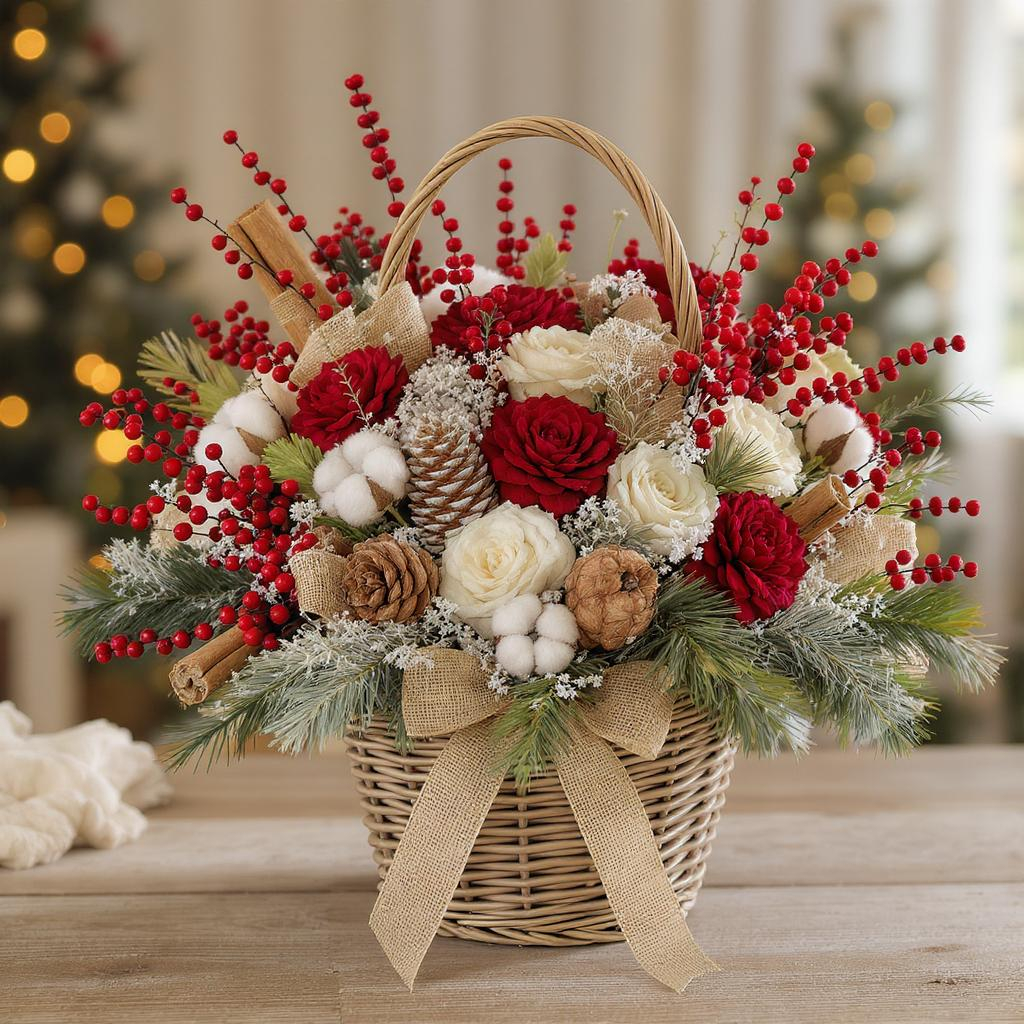Christmas Joy Basket – Red & White Roses with Pine Accents