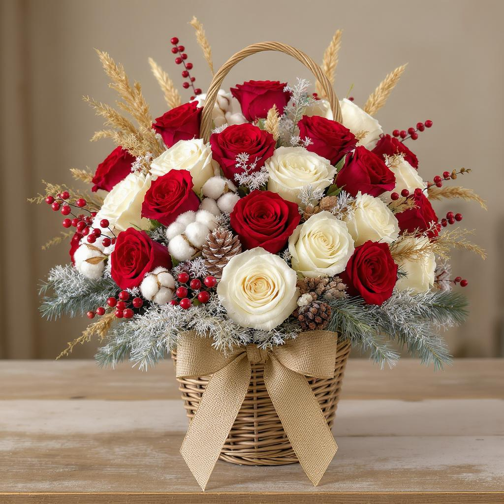 Christmas Joy Basket – Red & White Roses with Pine Accents