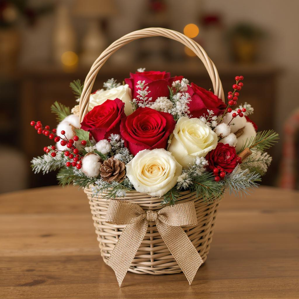 Christmas Joy Basket – Red & White Roses with Pine Accents