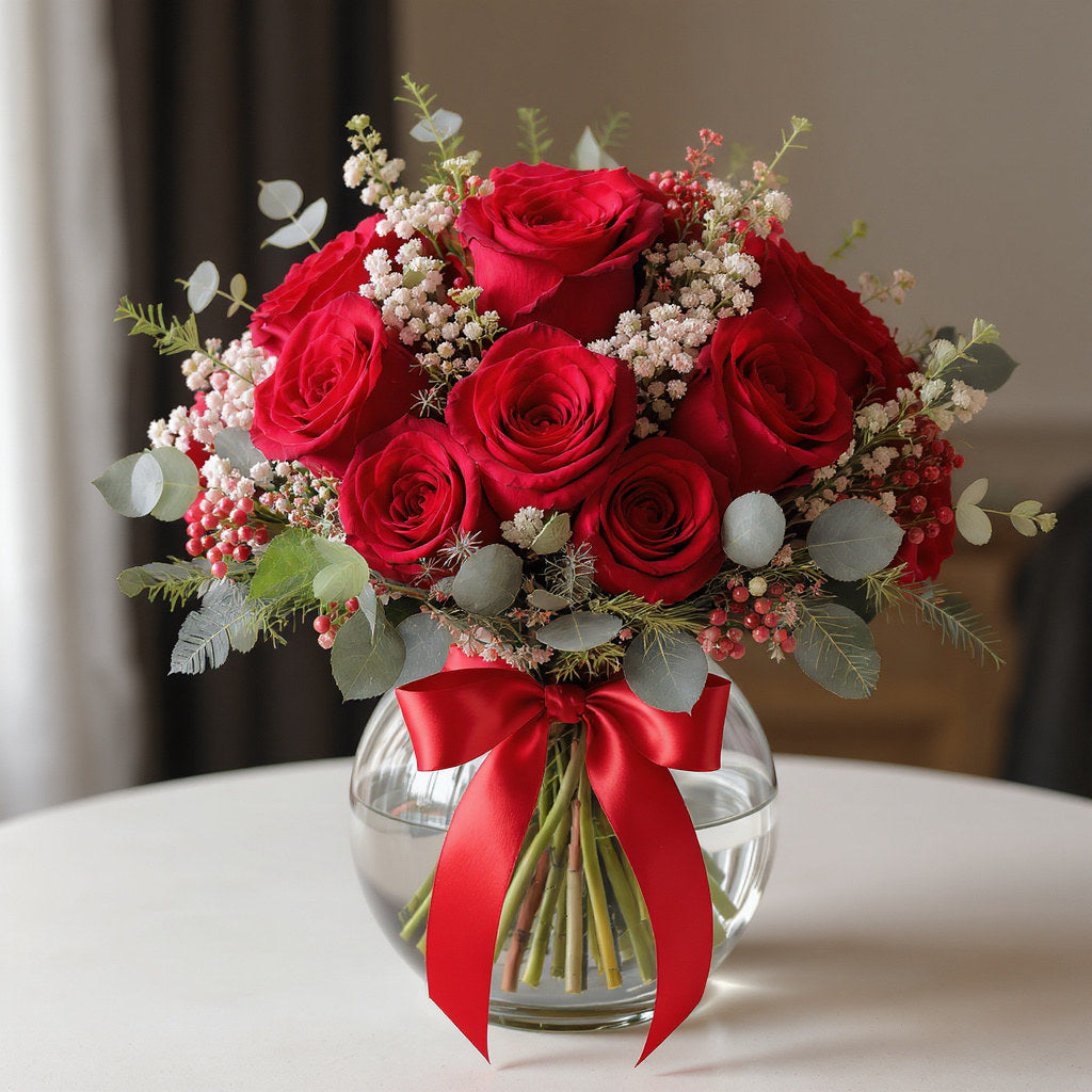 Deluxe size holiday flower arrangement featuring red roses, white berries, festive winter foliage, and a red ribbon in a round glass vase – Local florist in North San Diego County.
