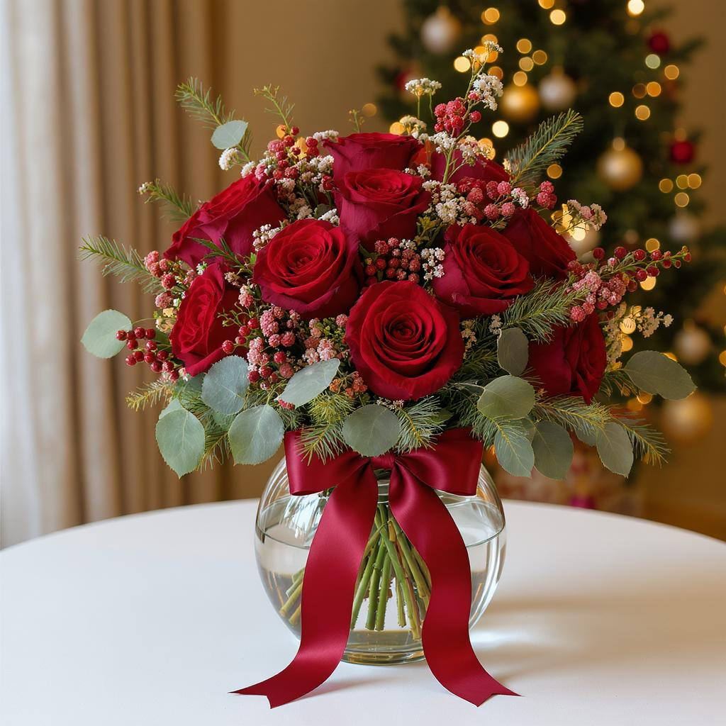 Crimson Holiday Roses – Classic Christmas Vase Arrangement