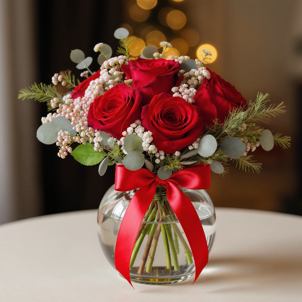 Regular size holiday flower arrangement with red roses, white berries, winter greens, and a red ribbon in a round glass vase – Local florist in North San Diego County.
