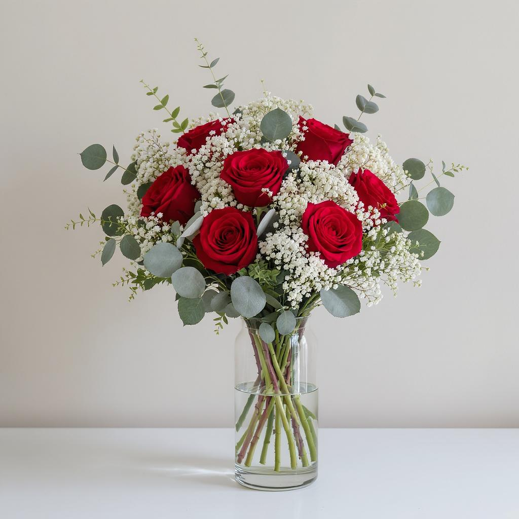 Silent Night Roses – Red Rose Vase with Baby’s Breath