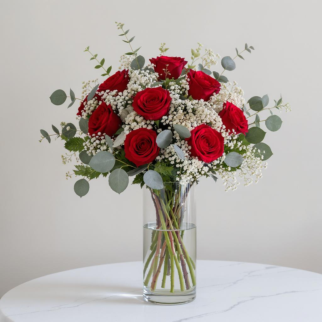 Silent Night Roses – Red Rose Vase with Baby’s Breath