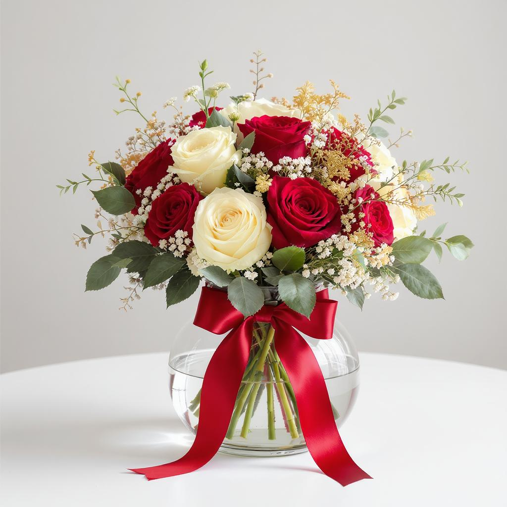 Golden Noel Roses – Red & White Christmas Vase Arrangement