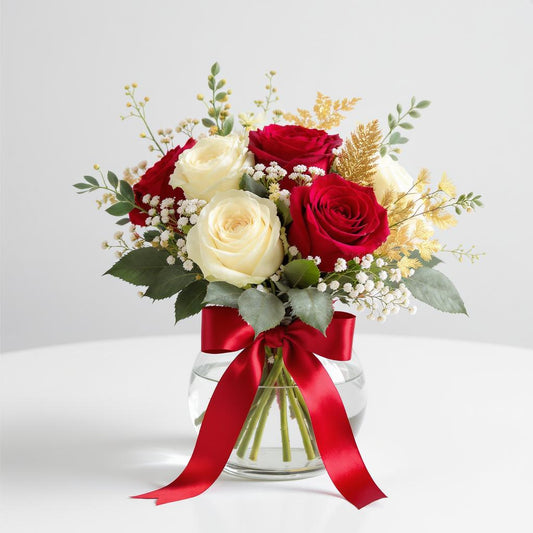 Regular size red and white rose Christmas arrangement with pine greenery, gold accents, and a red ribbon bow in a clear vase — North San Diego County florist.